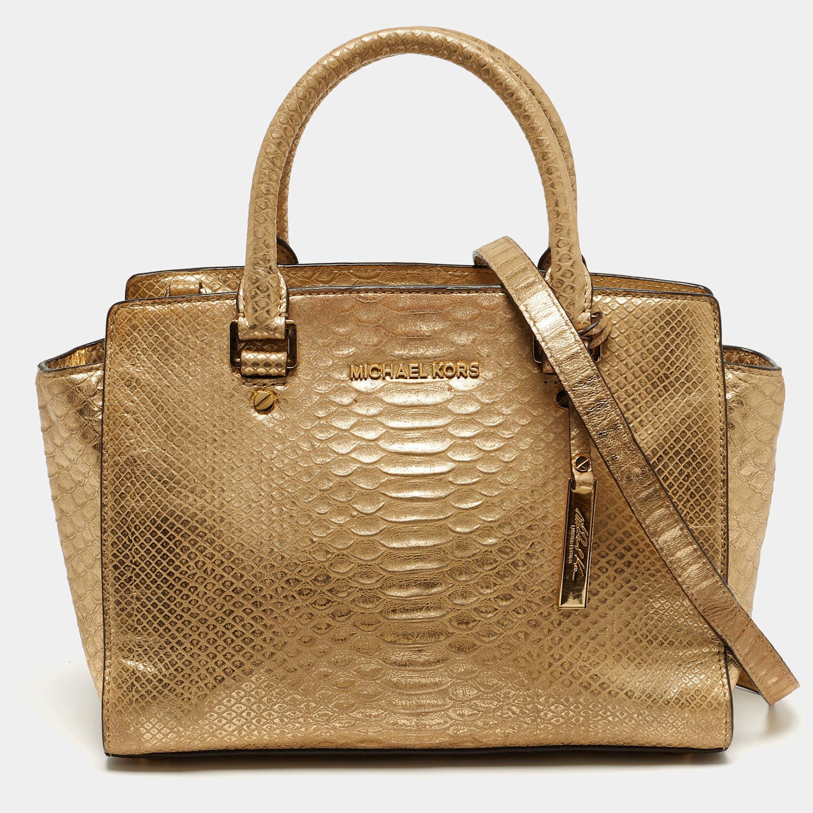 Michael Kors Selma Medium Gold Python Embossed Le… - image 1