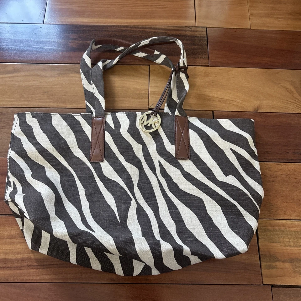 Bolso de Mano Michael Kors Marina Cebra Lona Cartera Marrón/Beige Moda