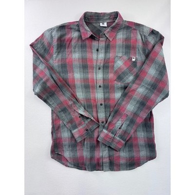 DC Shoes Mens Plaid Flannel Button Down Shirt Grey Burgundy Large 5064049-60