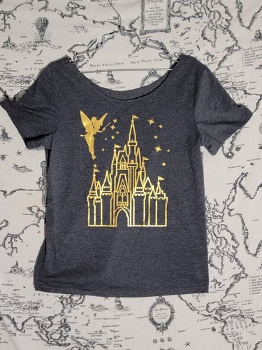 Disney Fairy Castle T-Shirt Women's Gold Foil Print Short Sleeve Top