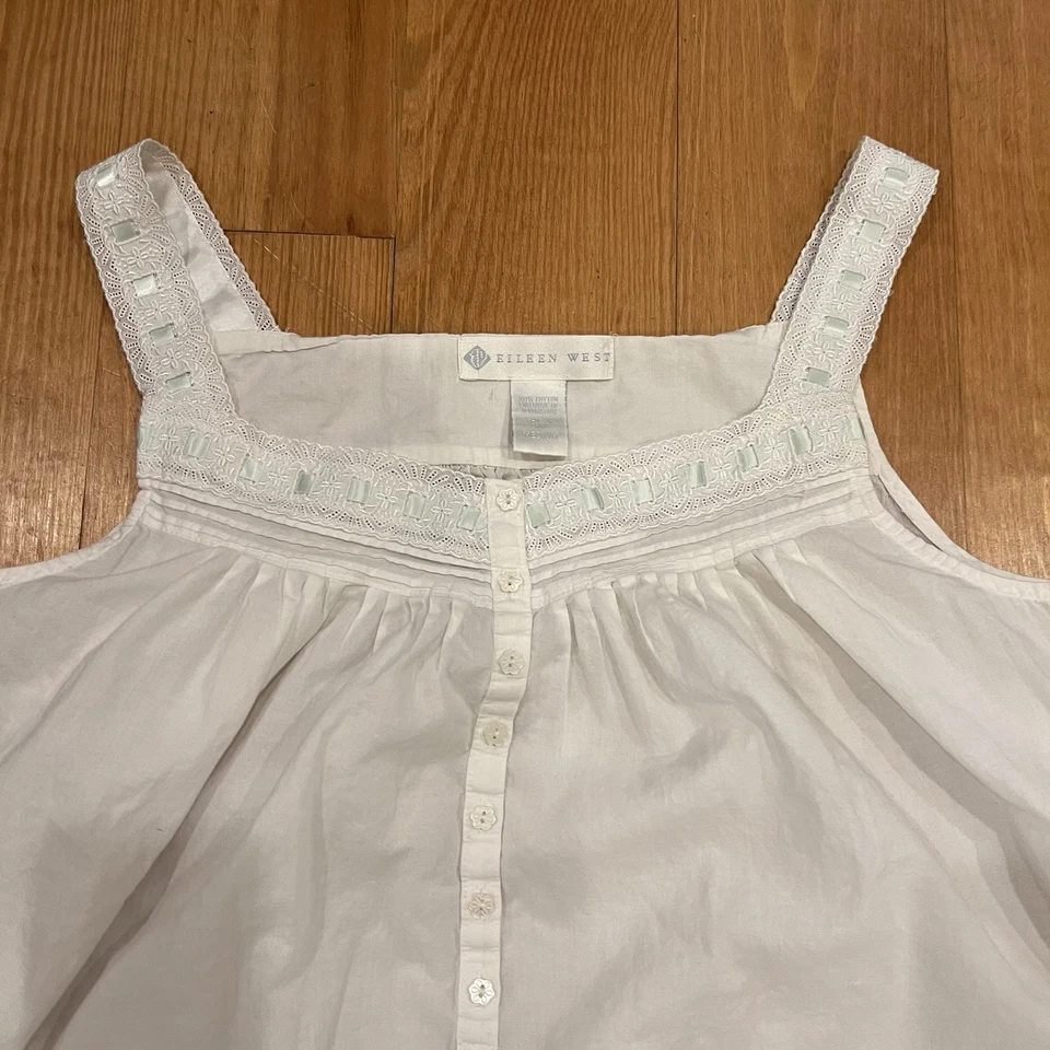 Camisón Eileen West mediano blanco encaje pintucks algodón cinta cabaña babydoll Foto 3 de 4