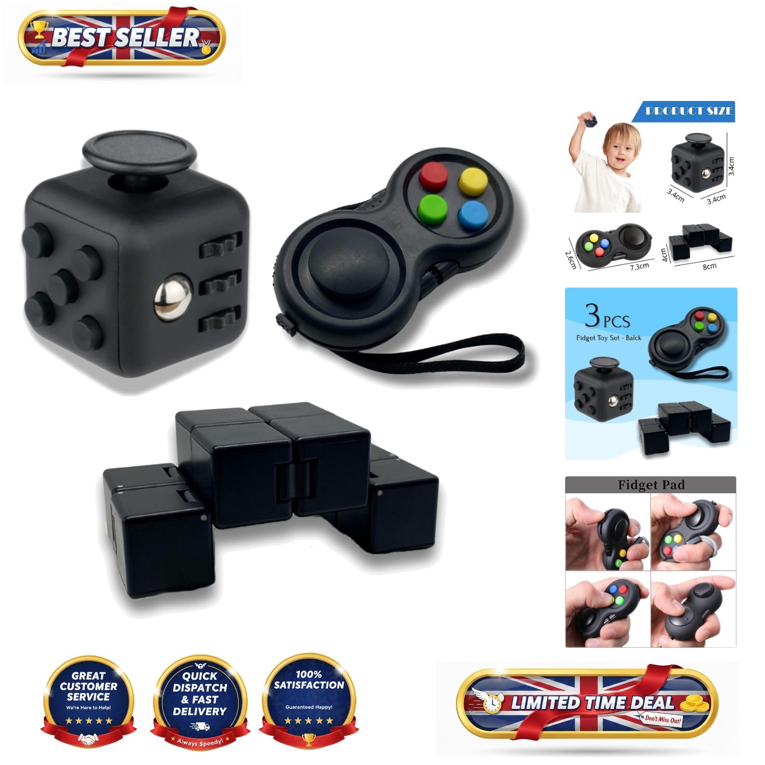 Compact Black Fidget Toy Set: Cube, Pad & Infinity for Focus and Relaxation