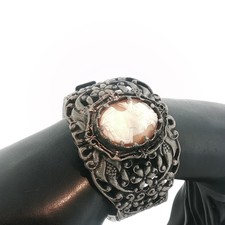 Vintage Silver Tone Cameo Cuff Bracelet Antiqued Filigree Band Adjustable 7 in