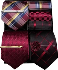 Barry.Wang Mens Gift Box Tie Set 3PCS Silk Stripe Red and Black Squares 