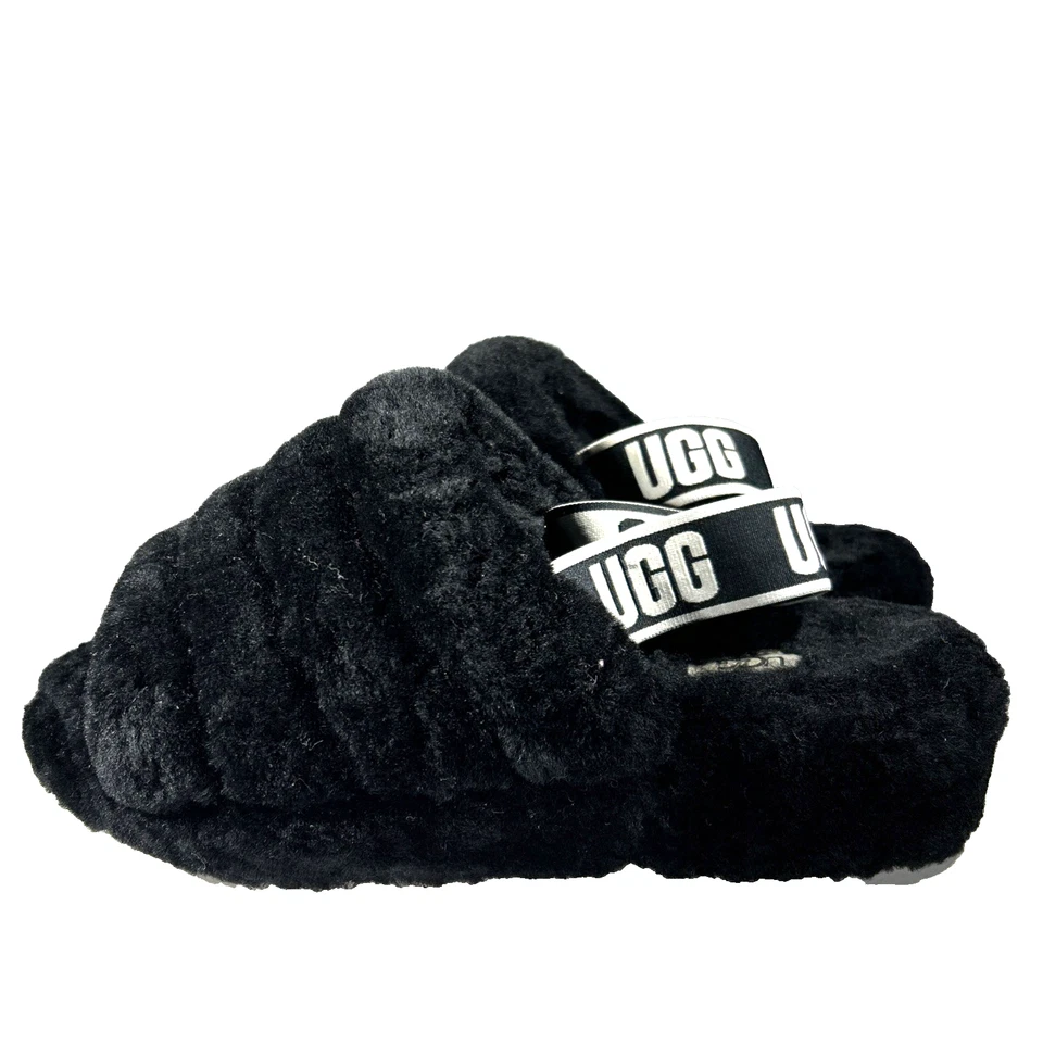 Sandalias cómodas UGG Fluff Yeah para mujer talla 8 zapatos negros punta abierta informales Foto 2 de 4