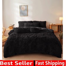 Black Fur Comforter Cover Set Queen - Ultra Soft Fluffy Plush Bedding Sets 3 ...