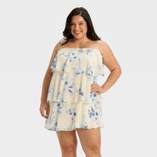 Women's Tiered Ruffle Mini Shift Dress - A New Day Blue Floral