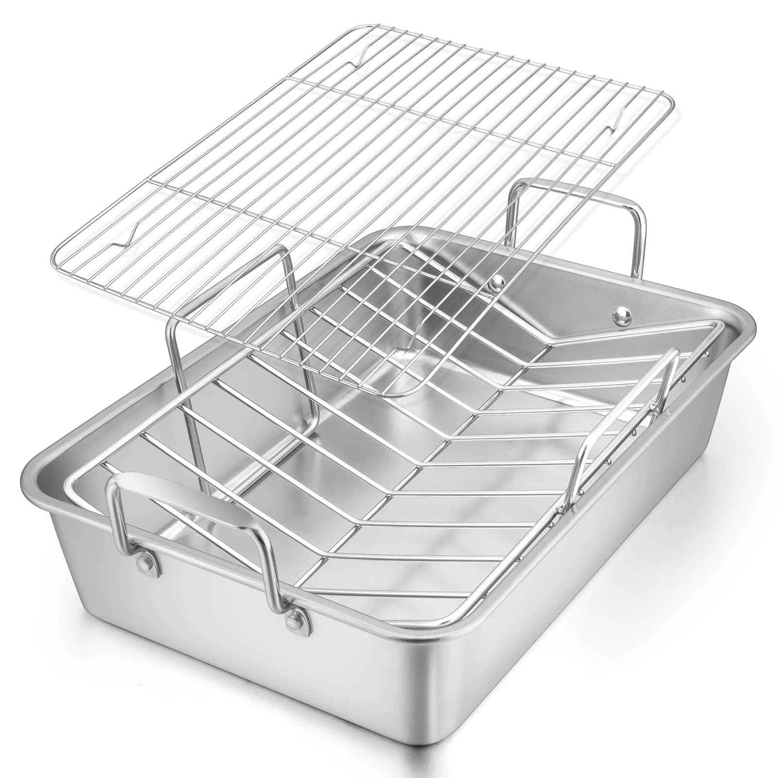 E-far Roasting Pan, 16 x 11.5 Inch Stainless Steel Turkey Large, Silver