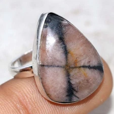 925 Silver Plated Chiastolite (Cross Stone) Ring US 9 Ethnic Fusion Design GW