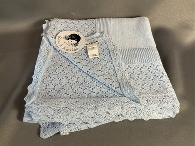 NWT Sarah Louise 50  Square Knitted Blue Baby Scallopped Edge Blanket/Shawl