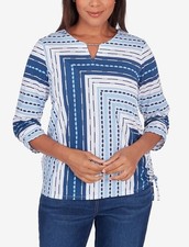 ALFRED DUNNER In Full Bloom Spliced Texture Blue Stripe L Top Side Tie Nautical 