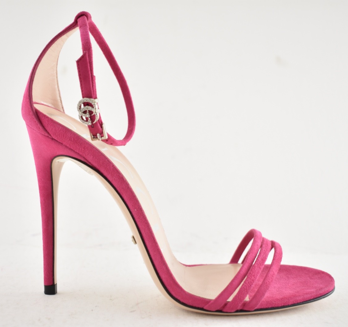 GUCCI インターロッキング GTストラップ ヒール サンダル 37 ピンク Gucci Ilse Bright Fuxia Pink Suede Crystal GG Logo Ankle Strap