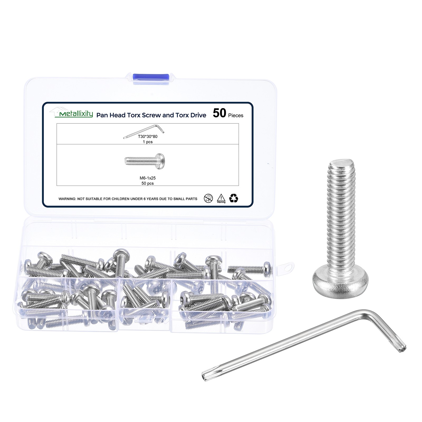 M6-1x25mm Pan Head Torx Screws 50Pcs Stainless Steel 304 Silver Tone