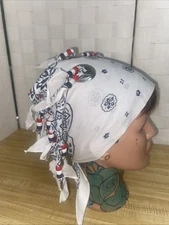 White Concha Fringed Beaded Scarf Bandana Head Neck Wrap USA Western