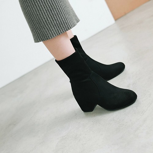 Women's Mid Block Heel Shoes Black/Blue/Brown Suede Fabric Round Toe Ankle Boots - Picture 16 of 31