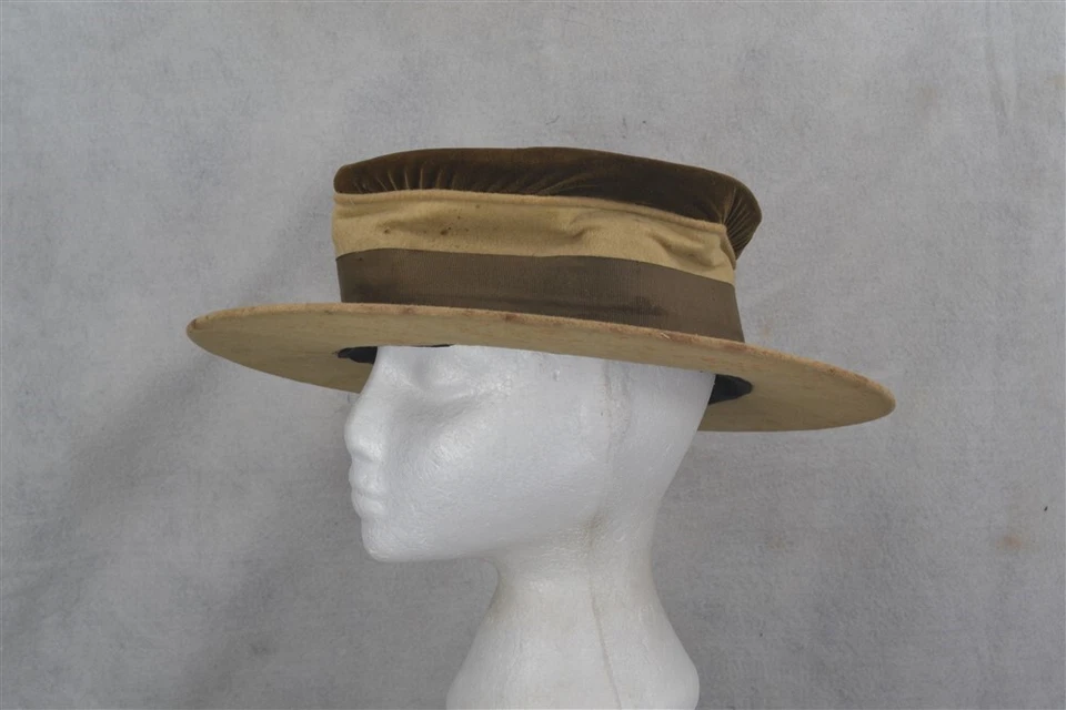 sombrero antiguo marrón tostado terciopelo ala ancha cloche victoriano eduardiano original Foto 3 de 4