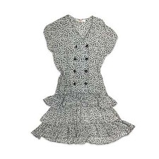 Vintage 90s Black White Floral Tiered Ruffle Drop Waist Double Breasted Dress 10