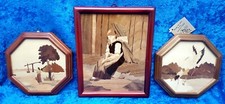 Vtg Framed Wood Inlay Figural Picture Lot 3 Handmade Rustic Wall Art