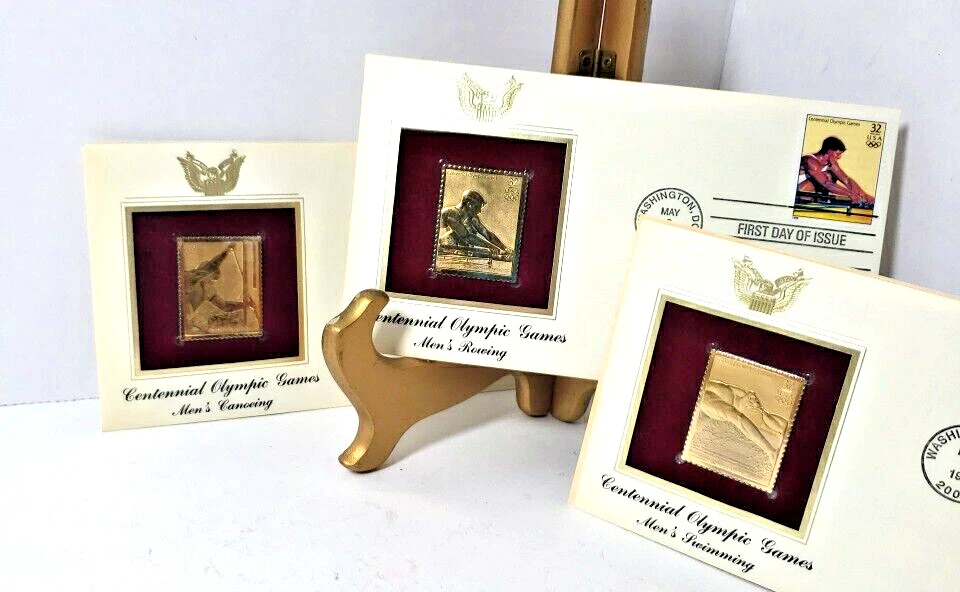 22kt Gold FDC 1st Day Issue Centennial Olympic Games Mens Rowing Swimming Canoe - Image 2 of 4