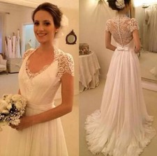 Vintage Chiffon Wedding Dresses Short Sleeves V Neck White Ivory Bridal Gowns