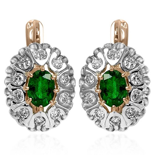 14k Rose & White Gold Genuine Diamond Emerald European style Earring #E1282