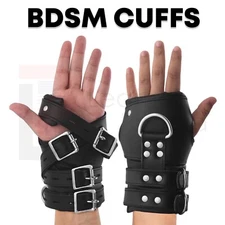 BDSM Leather Black Wrist Cuffs, Restraints Bondage Cuffs Lockable 2 Piece Set