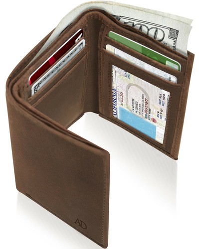 Cartera delgada de cuero genuino triple pliegue para hombre con bloqueo RFID de ventana de identificación - Imagen 23 de 29