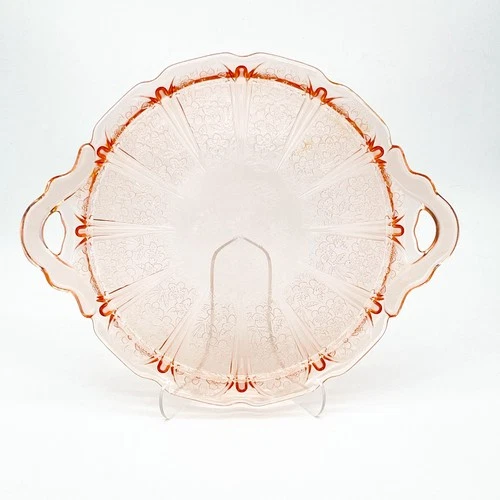 Jeannette Cherry Blossom Pink Depression Glass 12.5" Handled Cake Plate Vintage
