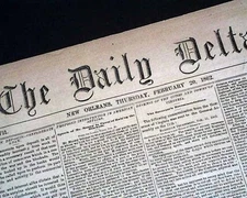 Rare New Orleans LA Louisiana Deep South CONFEDERATE Civil War 1862 Newspaper