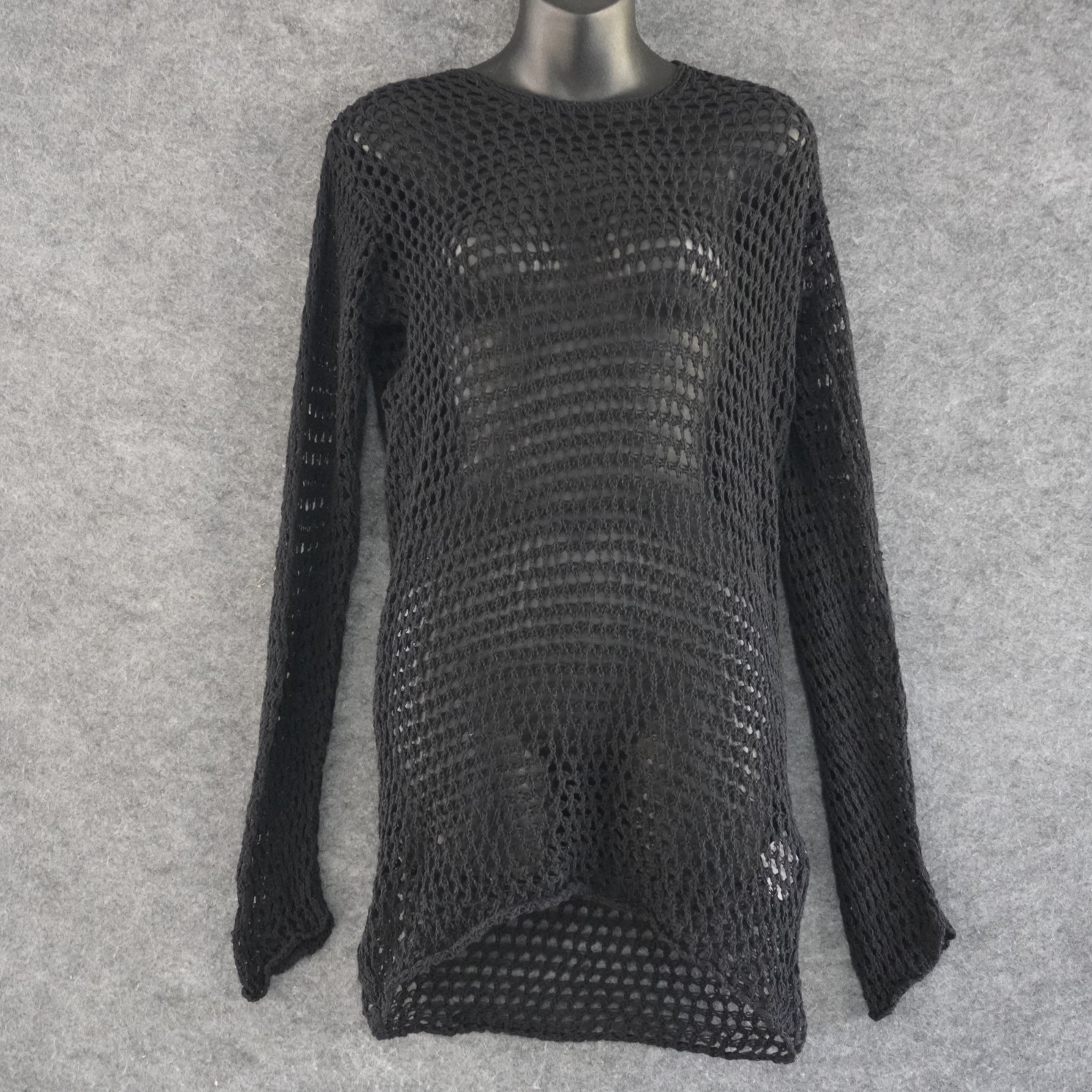 Nasty Gal Black Crochet Low Back Mini Beach Cover Up Dress Knit Long Sleeve L