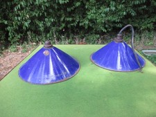 VINTAGE PAIR BLUE ENAMEL 10" INDUSTRIAL PENDANT LAMP SHADES