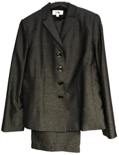 Le Suit Polyester Pant Suit Sz 16 Lined Silver Gray 2 Piece Shiny 38W x 28I