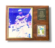 Hank Aaron #44 Plaque Signed Photo w/Stats on Side & Sports Card GA Cert.