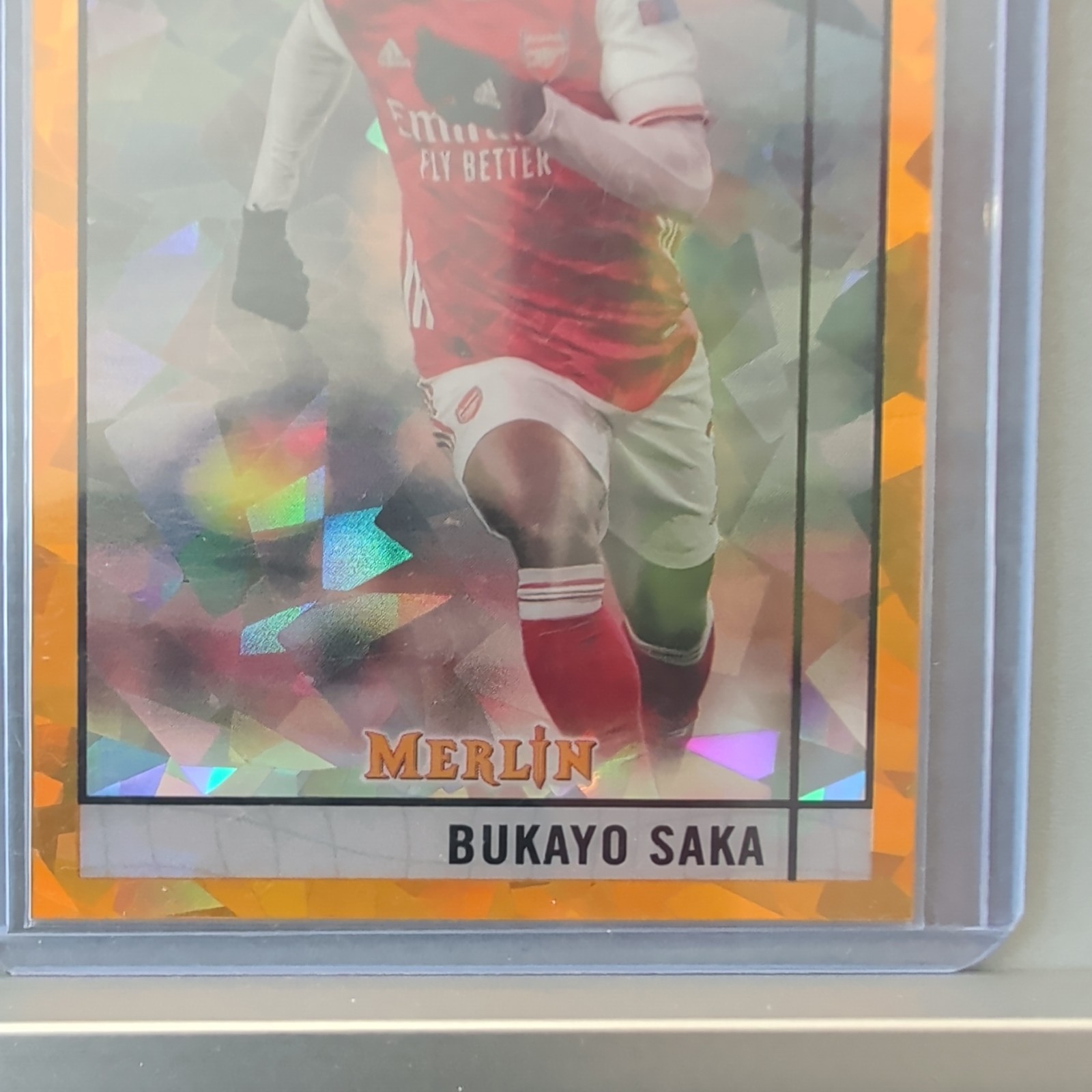 2020-21 Topps Merlin Chrome UCL Bukayo Saka Atomic Gold Refractor 30/50 Ars/Eng view 3