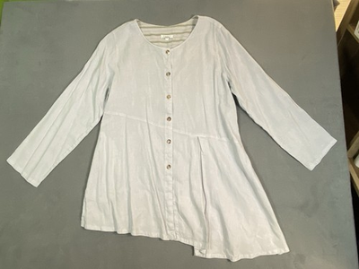 #ad Kleen Linen Blend Button Asymmetrical Tunic Size M Coastal Pocket BlueGray Lagen $29.99