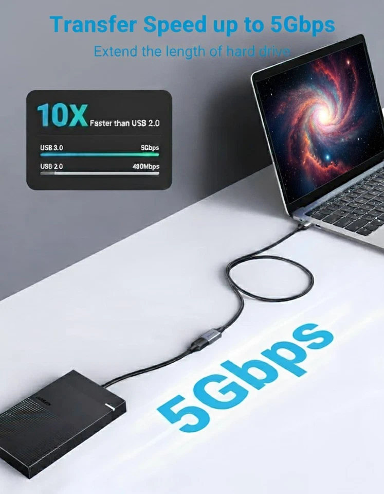 USB 3.0 Extension Cable Braided Male to Female, 5Gbps High Speed Data Transfer - Image 3 of 4