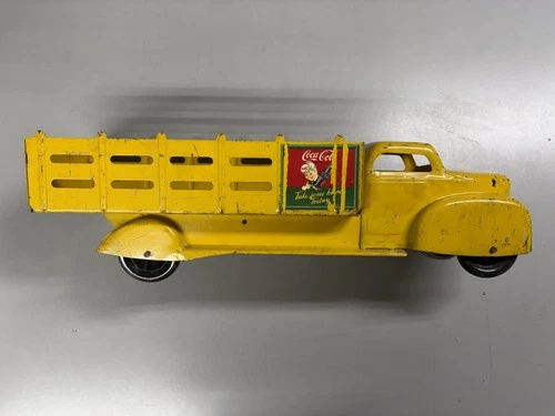Vintage 1940s COCA-COLA Marx Yellow Pressed Steel Stake Body Toy Truck Delivery