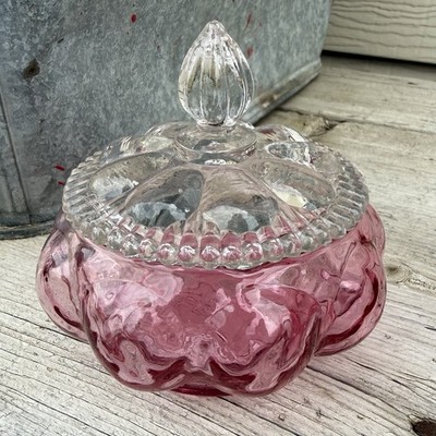 Fenton Cranberry Glass Vanity Powder Jar Box Clear Lid Melon Diamond Optic Vtg