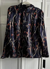 Elementz Large Blue Multicolor Long Sleeve Collared Buttoned Blouse