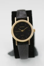 Quartex Women Watch Stainless Gold Steel Water Res Black Leather Battery Quartz