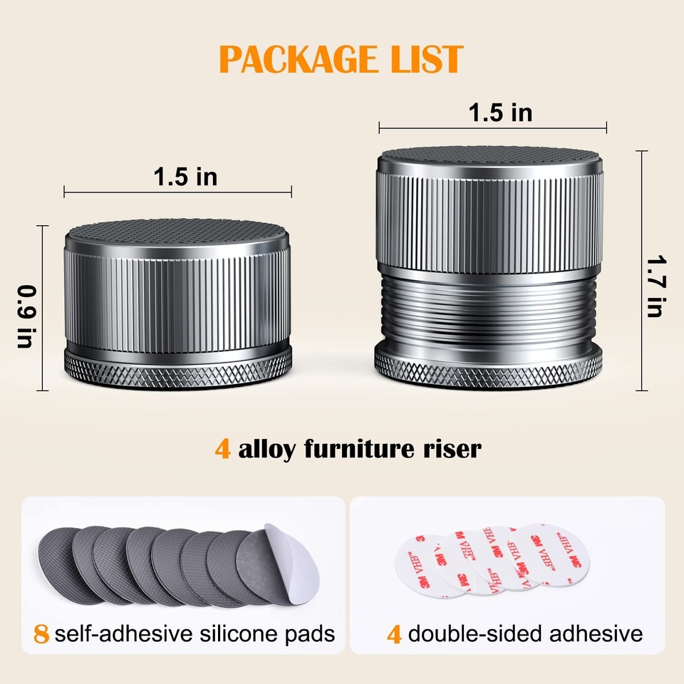 Adjustable Furniture Risers 1 Inch 4 Pack Non-Slip Metal Bed Risers ...