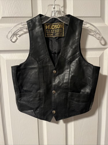HUDSON LEATHER VEST UNISEX LARGE Boy Girl Chest 33” L17”Pockets Snap Button