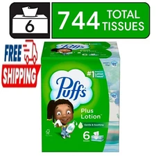 Puffs Plus Lotion Facial Tissue, 6 Family Size Boxes, 124 Tissues per Box
