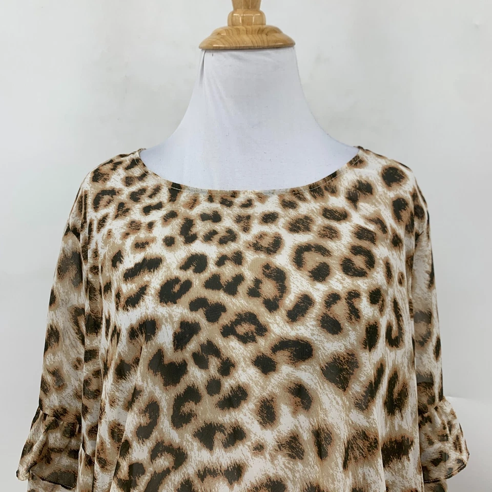 Wrangler Retro Blouse Womens XL Extra Large Cheetah Sheer Ruffle Tiered Sleeve Foto 3 de 4