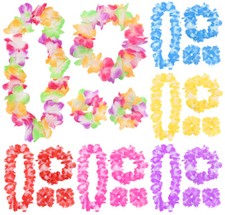 HAWAIIAN LEIS SET 4 PIECE GARLAND FLOWER NECKLACE HEADBAND BRACELETS FANCY DRESS