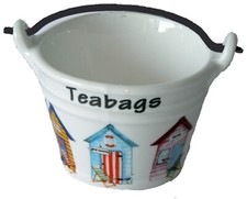 Beach hut teabag tidy Bucket, decorated front and back choice 3 option choose
