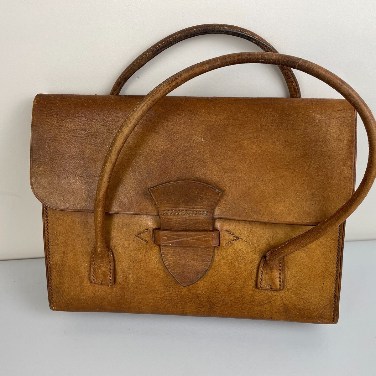 Vintage Handbag Distressed Brown Leather Clutch Small Double Handles