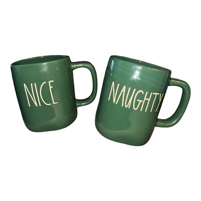 Rae Dunn NAUGHTY and NICE Green Mug Set Christmas