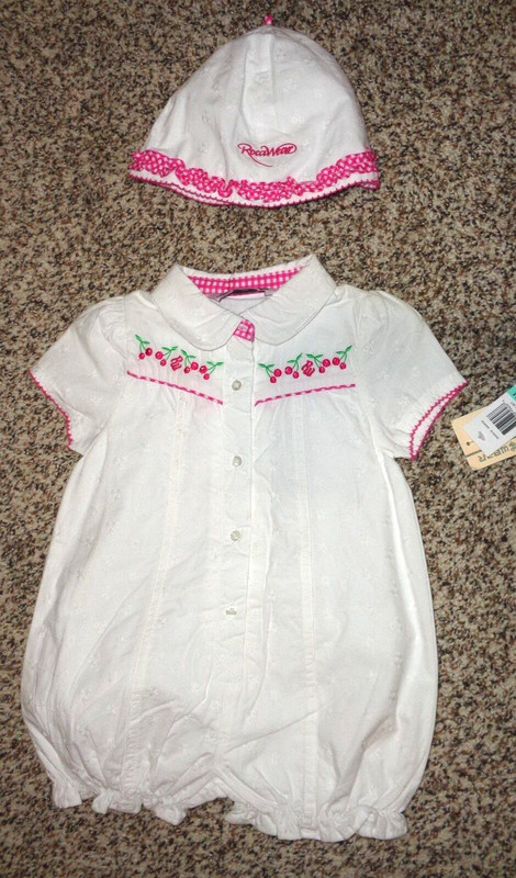 Baby Girls Rocawear White Pink Cherries Romper Matching Hat 18 Months NEW