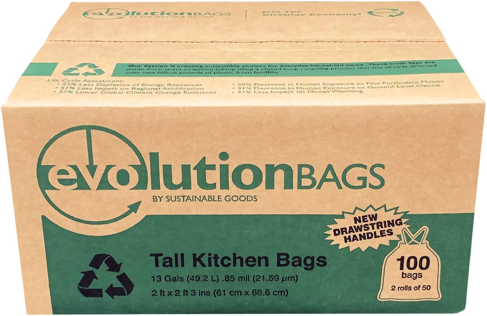 **NEW** Evolution Trash Bag Tall Kitchen DRAWSTRING, 100 bags/box, made with ...